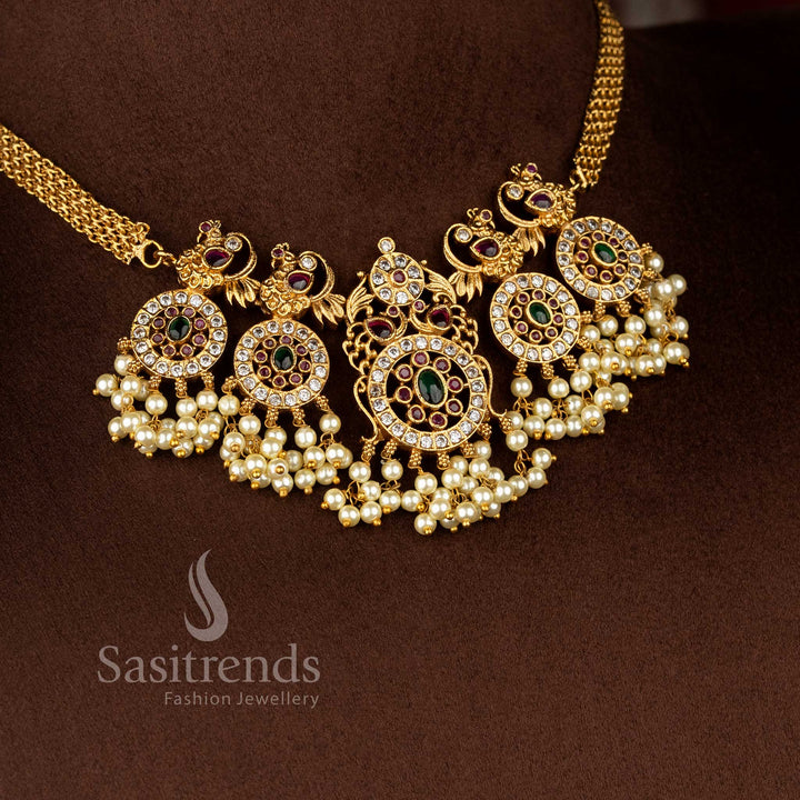 Peacock Motif Necklace Jewellery Set with Pearls and American Diamond Stones Sasitrends