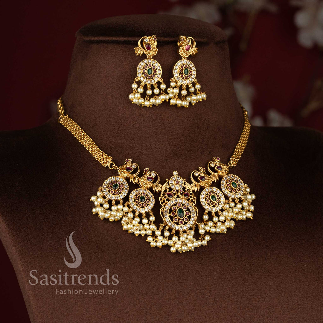 Matte Gold Plated Peacock Motif Temple Necklace Jewellery Set with Pearls and AD Stones Sasitrends