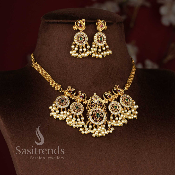 Matte Gold Plated Peacock Motif Temple Necklace Jewellery Set with Pearls and AD Stones Sasitrends
