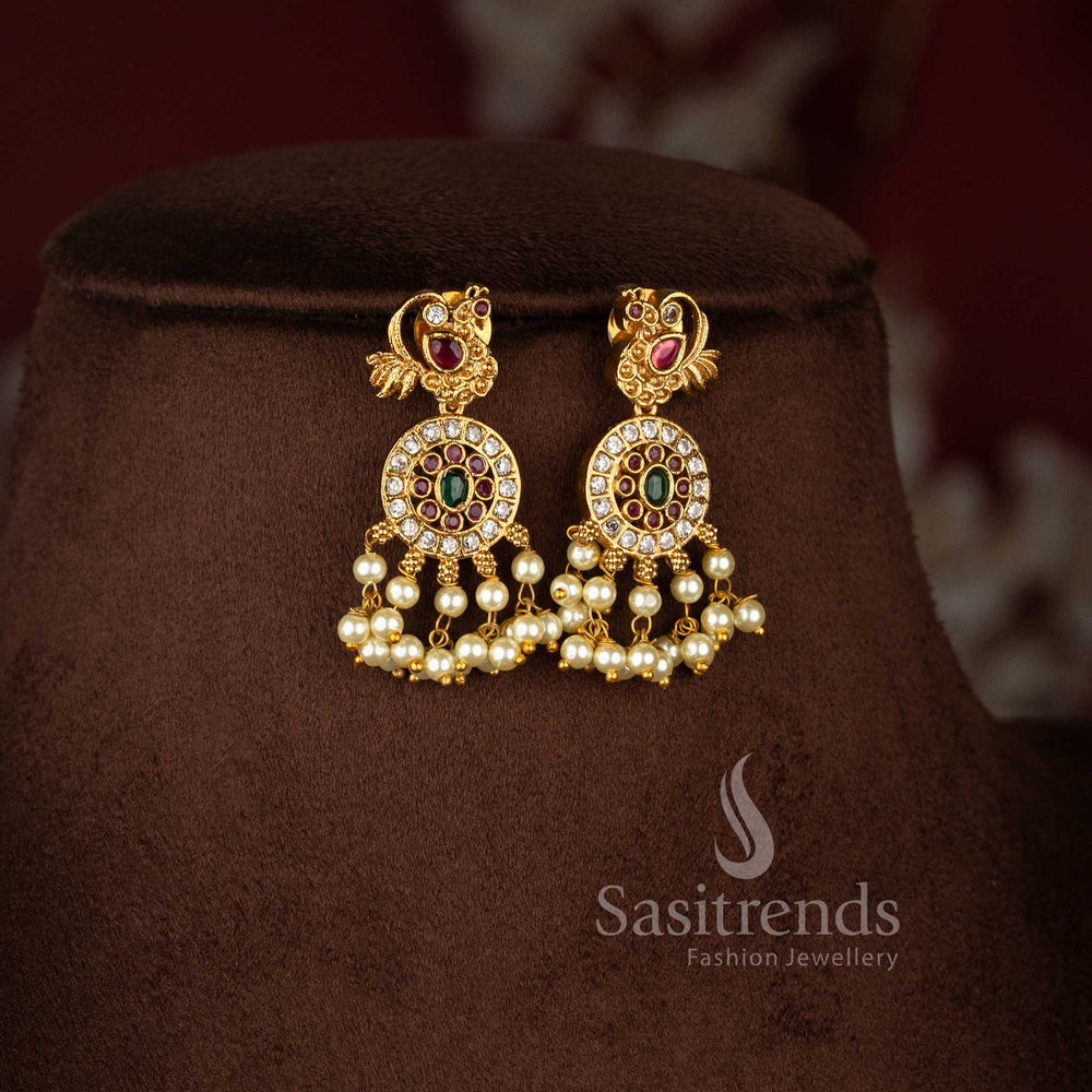 Peacock Motif Necklace Jewellery Set with Pearls and American Diamond Stones Sasitrends