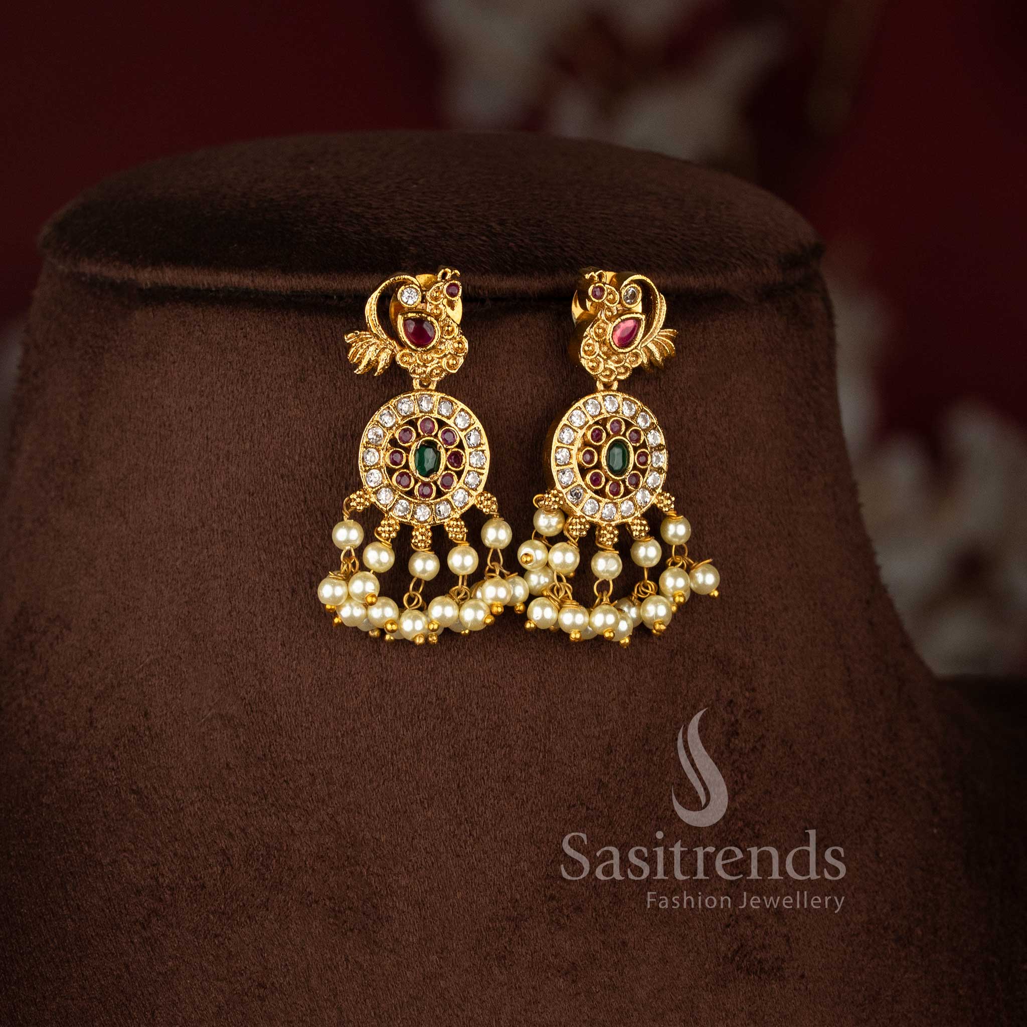Peacock Motif Necklace Jewellery Set with Pearls and American Diamond Stones Sasitrends