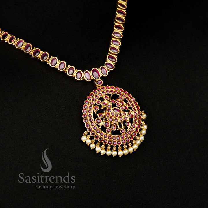 Temple style circular pendant swan necklace with AD stones and pearls Sasitrends