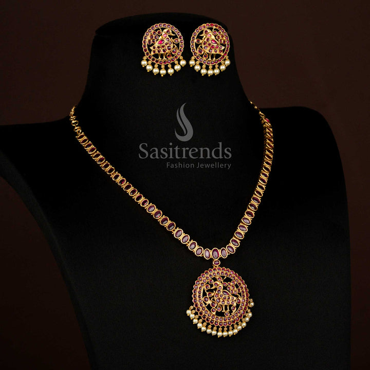 Temple style circular pendant swan necklace with AD stones and pearls Sasitrends
