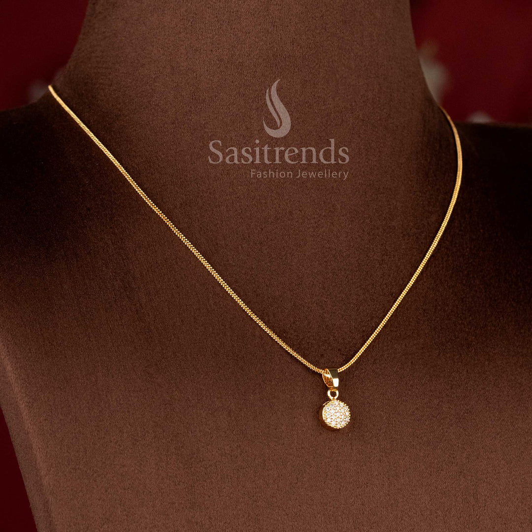 One Gram 24K Micro Gold Plated Round Pavé Diamond Minimalist Pendant Chain Necklace - Sasitrends