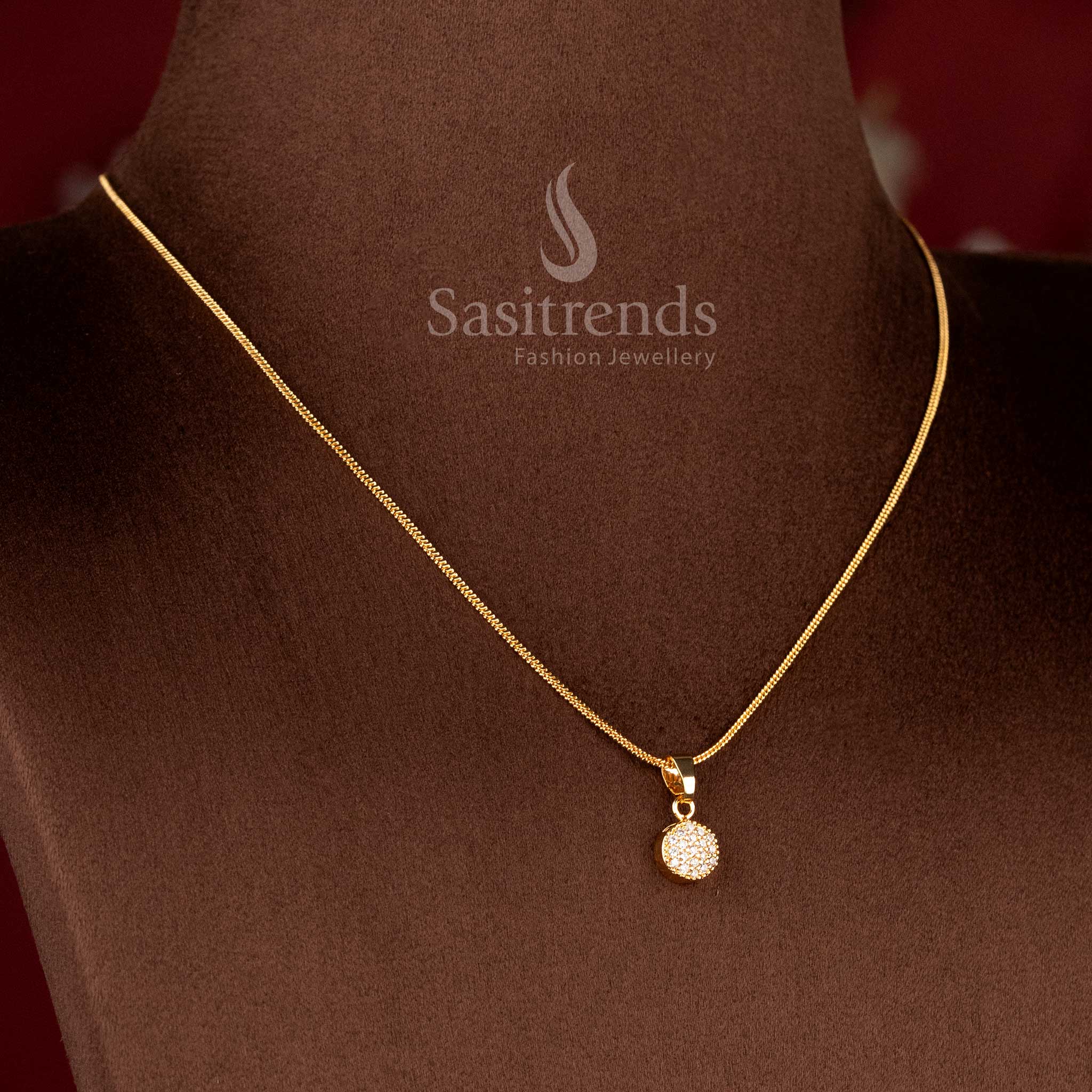 One Gram 24K Micro Gold Plated Round Pavé Diamond Minimalist Pendant Chain Necklace - Sasitrends