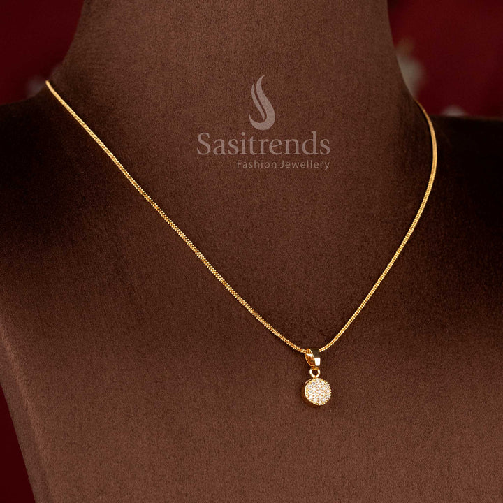 One Gram 24K Micro Gold Plated Round Pavé Diamond Minimalist Pendant Chain Necklace - Sasitrends