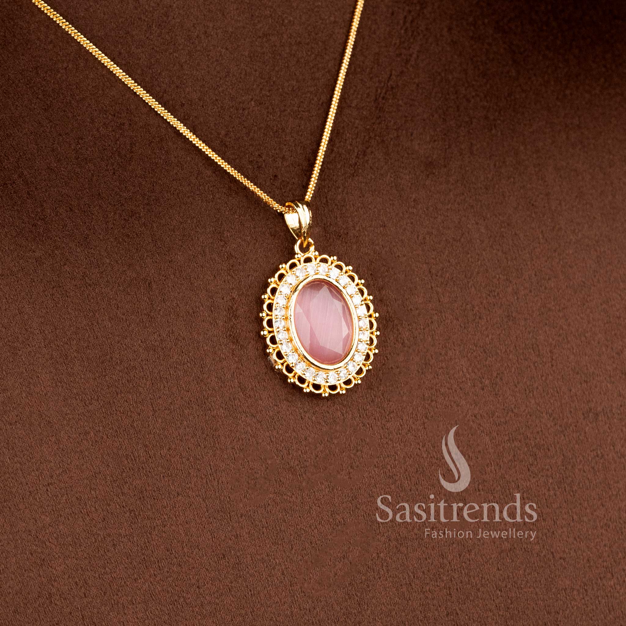 Oval gemstone diamond halo necklace for traditional and festive wear - Sasitrends