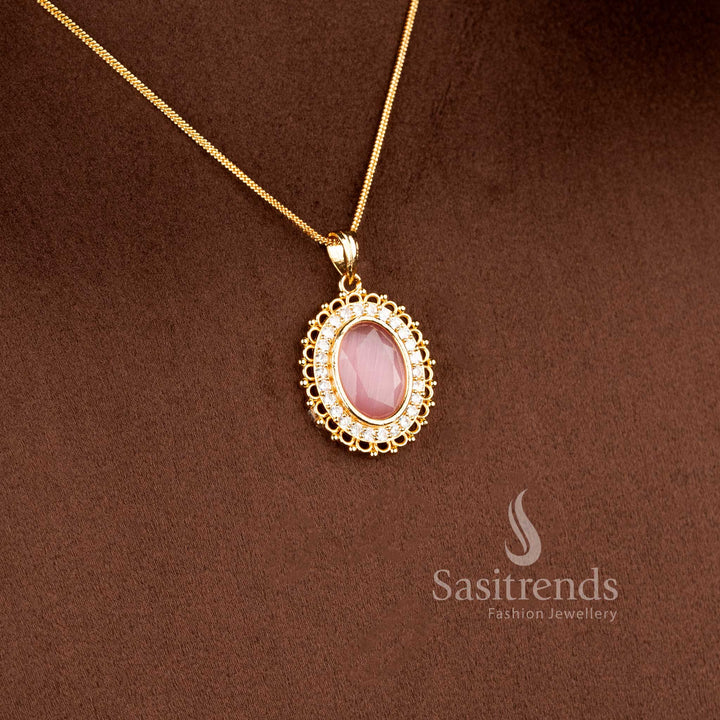 Oval gemstone diamond halo necklace for traditional and festive wear - Sasitrends