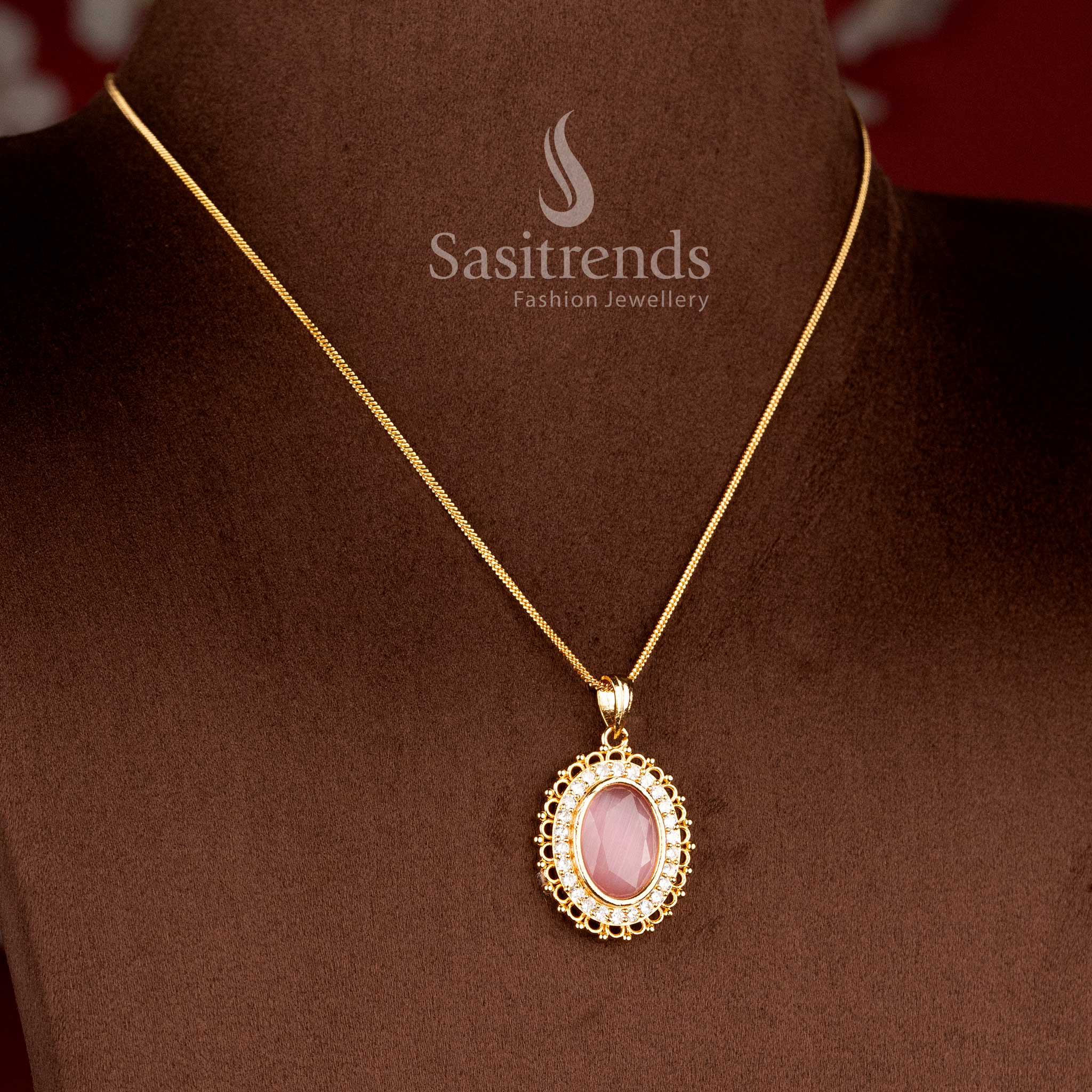 Oval gemstone diamond halo necklace for traditional and festive wear - Sasitrends