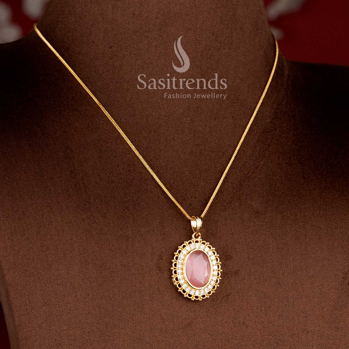 Oval gemstone diamond halo necklace for traditional and festive wear - Sasitrends
