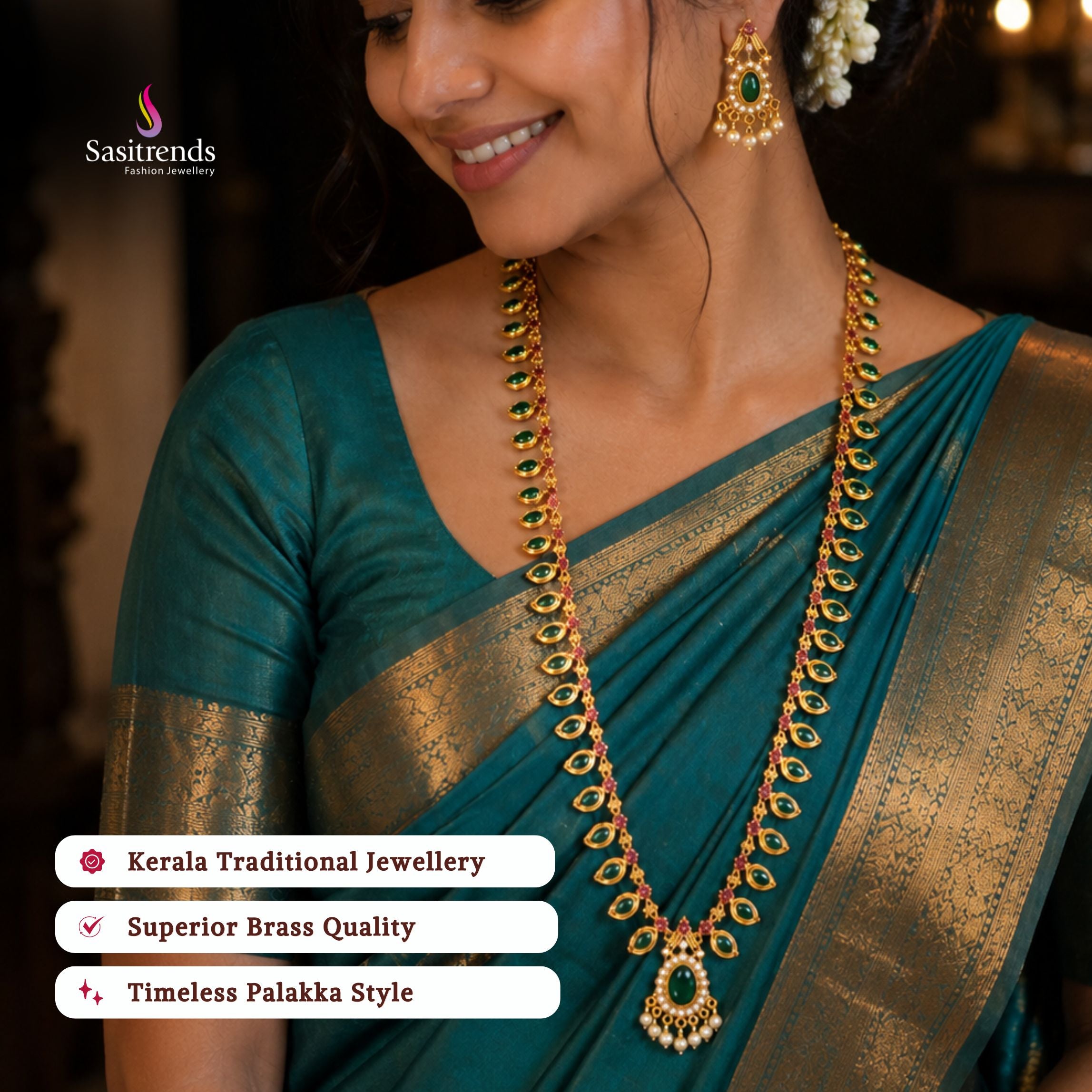 Guaranteed kerala style Micro gold plated AD stone palakka long necklace set - Sasitrends