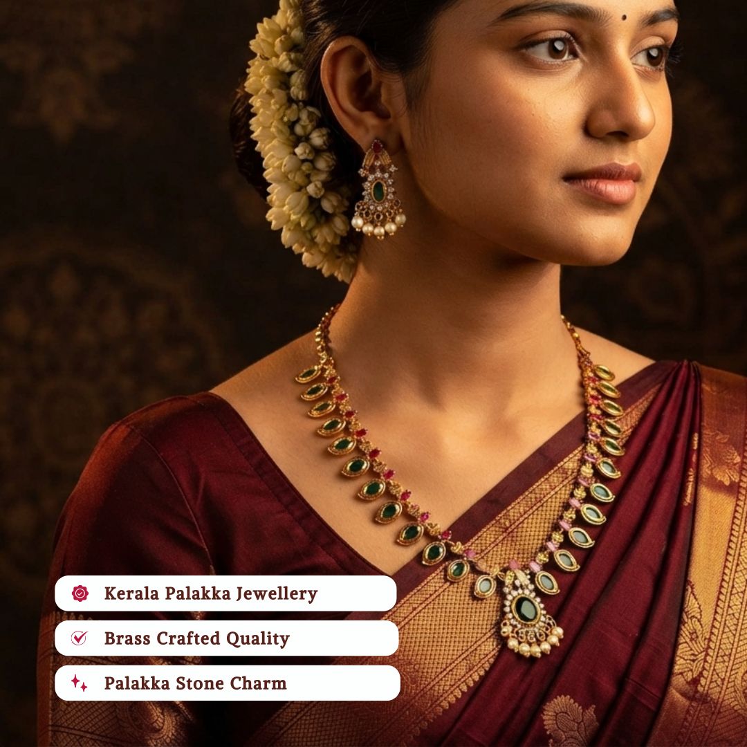 Guaranteed kerala style Micro gold plated AD stone palakka necklace set - Sasitrends