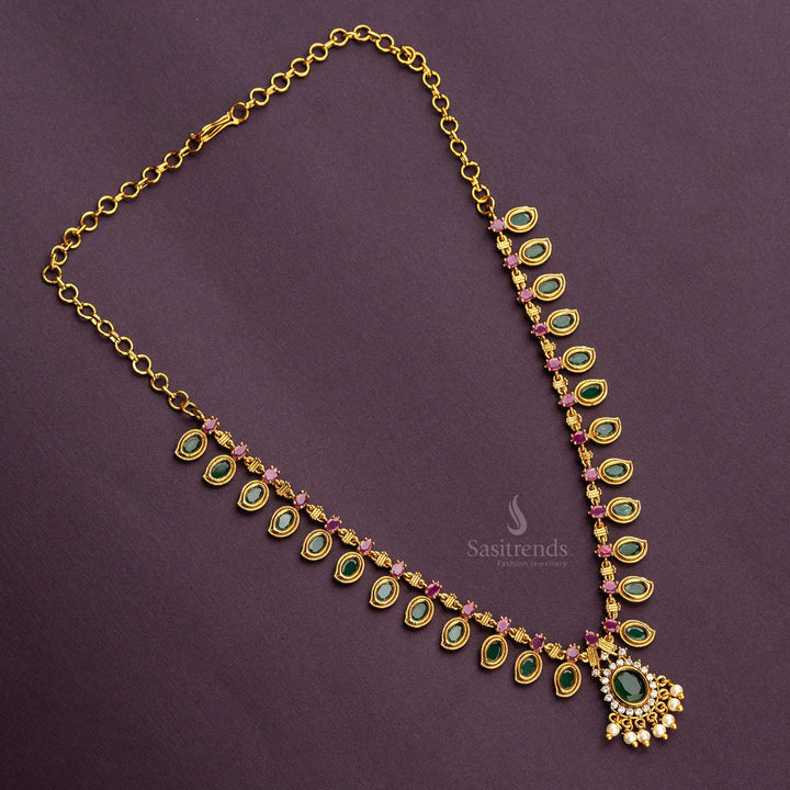 Traditional Micro Gold Plated Multi AD Stone Stud Pearl Hanging Palakka Necklace Sasitrends