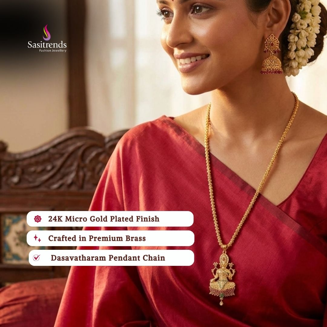 Divine Goddess Lakshmi Lotus Micro Gold Plated AD Stone Dasavatharam Rope Chain Necklace – Guaranteed Quality - Sasitrends