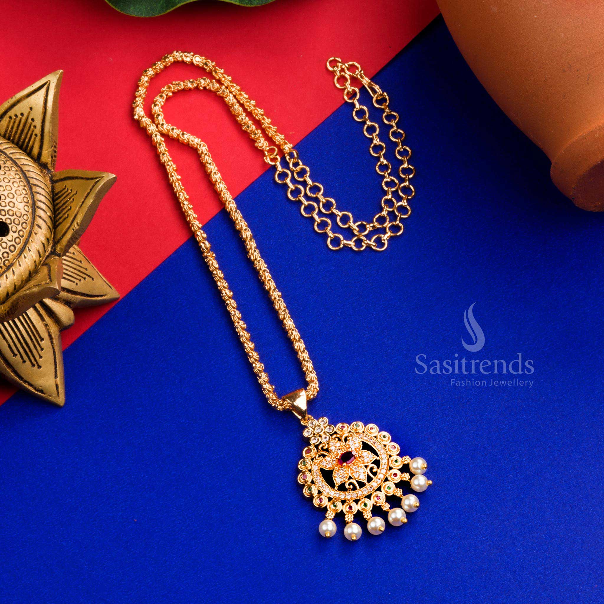 Radiant micro gold plated Dasavathram chain necklace with decorative lotus pendant for festive glow – Sasitrends