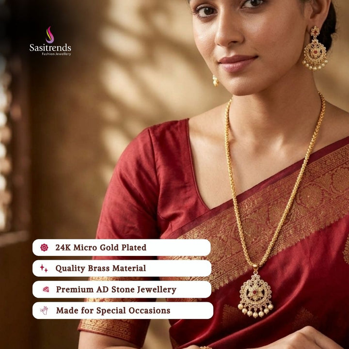 One Gram Micro Gold Plated Floral AD Stone Medallion Rope Chain Necklace for Women - Sasitrends