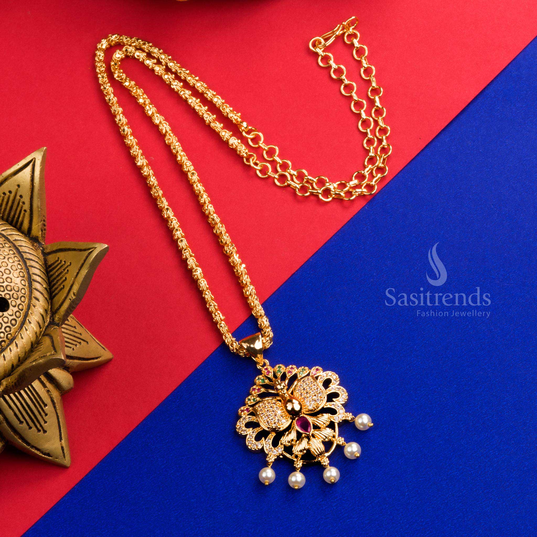 Royal Peacock AD Stone Micro Gold Pendant with Dasavatharam Rope Chain - Sasitrends
