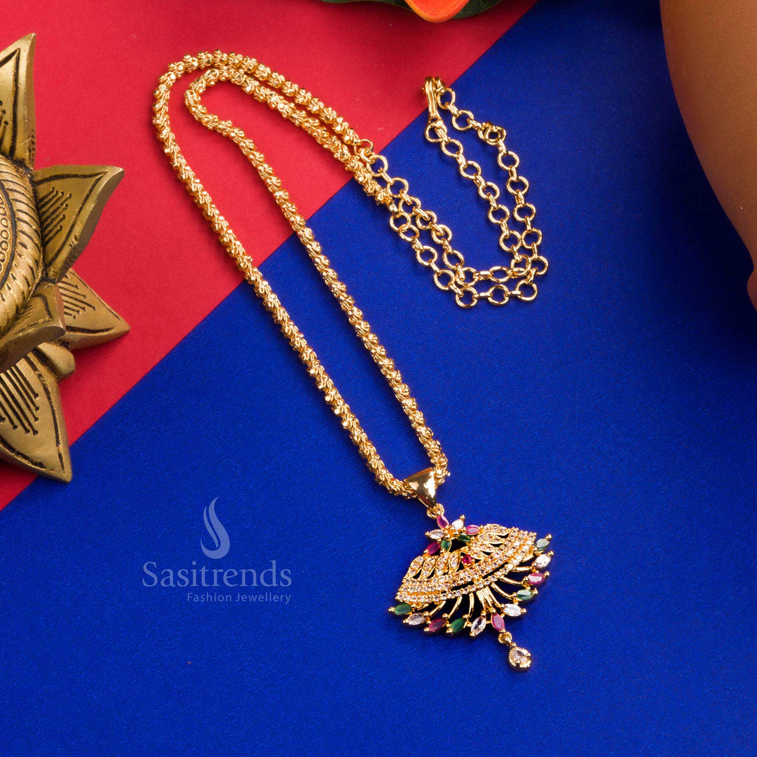 Elegant Fan-Shaped AD Stone Micro Gold Necklace with Dasavatharam Rope Chain - Sasitrends
