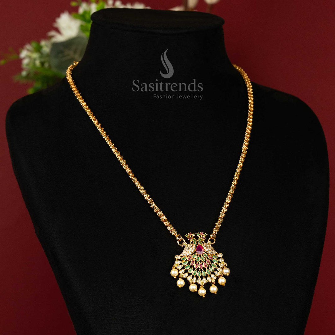 Absolutely captivating Dasavatharam chain necklace, displaying a graceful peacock design pendant, meticulously micro gold-plated for a radiant finish, a must-have from Sasitrends