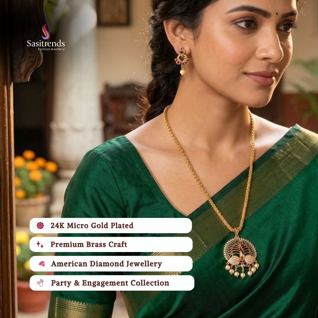 Detailed Peacock Fan Pendant with Multi-Color AD Stones, Pearl Drops and Rope Chain - Sasitrends