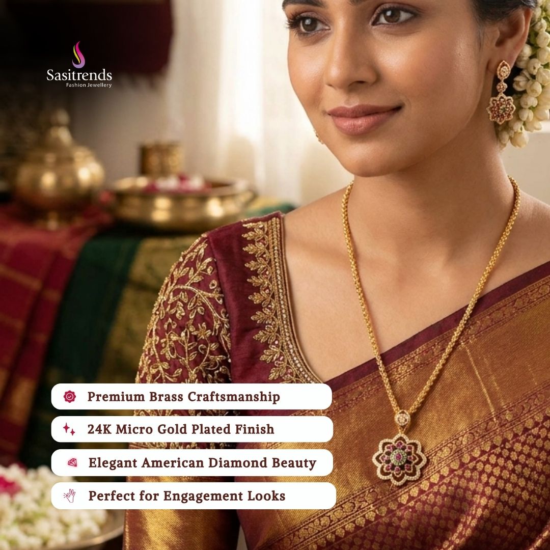One Gram 24K Micro Gold Plated Floral Cluster AD Stone Dasavatharam Rope Chain Necklace - Sasitrends