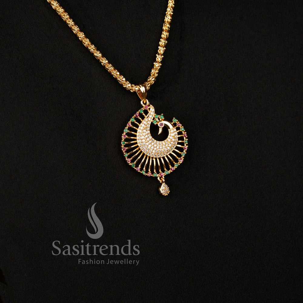 Premium Micro Gold Plated Peacock Pendant Necklace with Textured Dasavathram Chain for Festive and Traditional Wear - Sasitrends