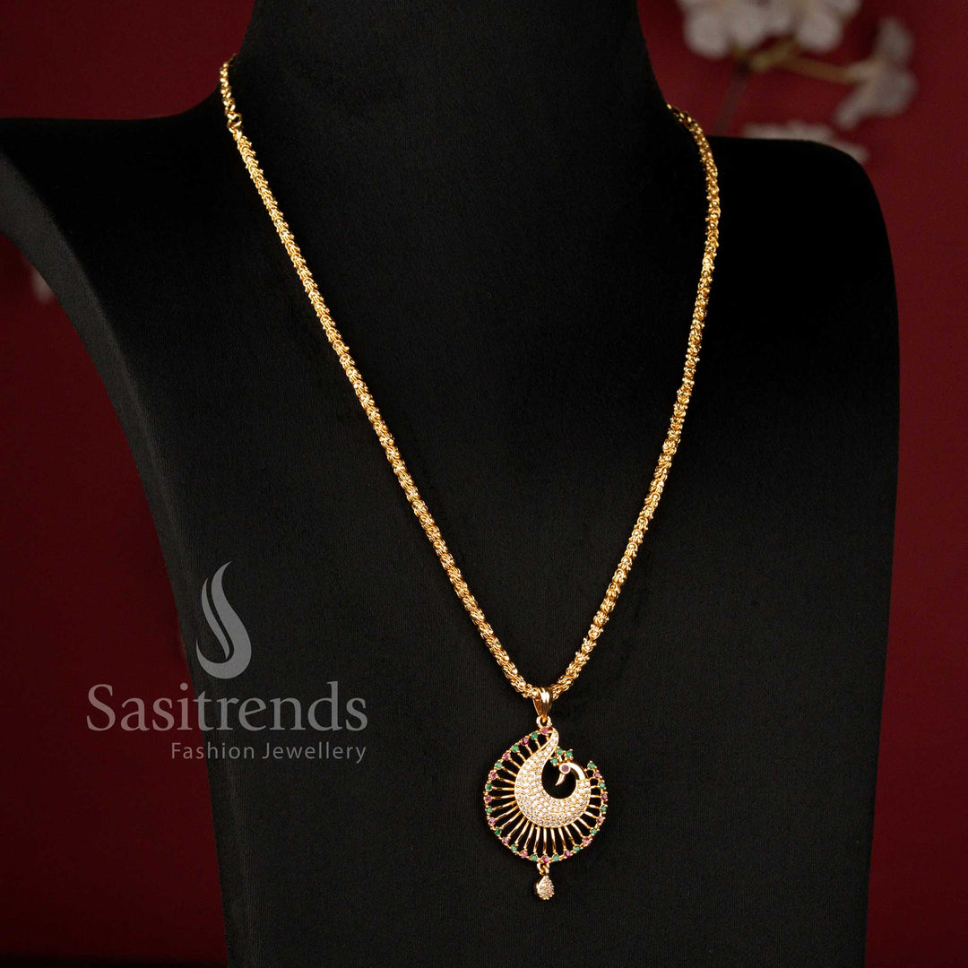 Guaranteed Micro Gold Plated Dasavathram Chain with American Diamond Multi-Colour Peacock Pendant Necklace, Look Like Real Gold - Sasitrends