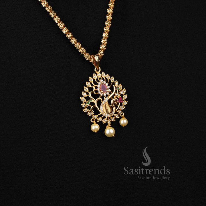 Divine Peacock AD Stone Micro Gold Pendant with Dasavatharam Rope Chain and Pearl Drops - Sasitrends