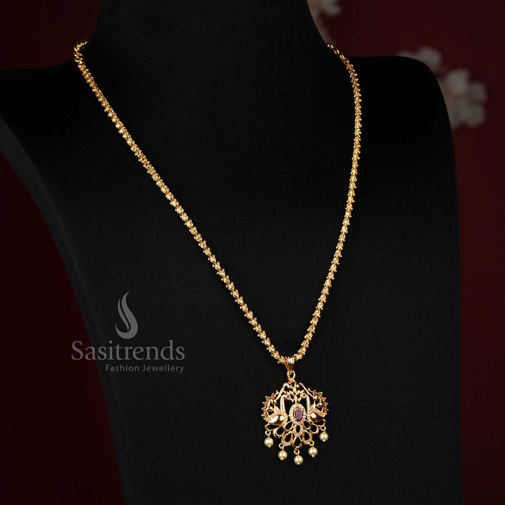 Micro Gold Plated Floral Peacock AD Stone Pearl Drop Necklace - Sasitrends