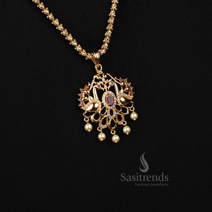 One Gram Micro Gold Plated Floral AD Stone Pearl Drop Pendant Necklace for Women - Sasitrends
