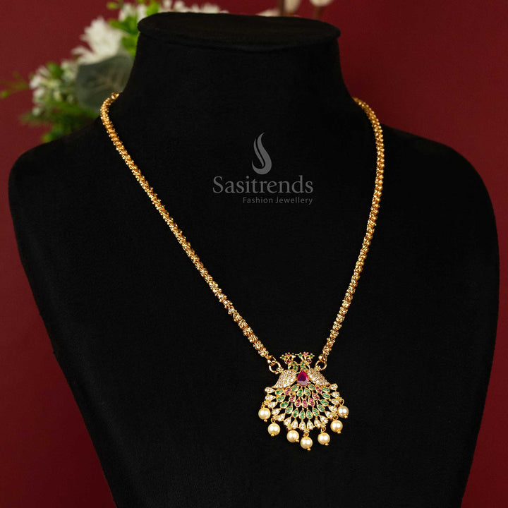 Elegant Twin Peacock Fan AD Stone Micro Gold Pendant Necklace with Pearl Drops - Sasitrends