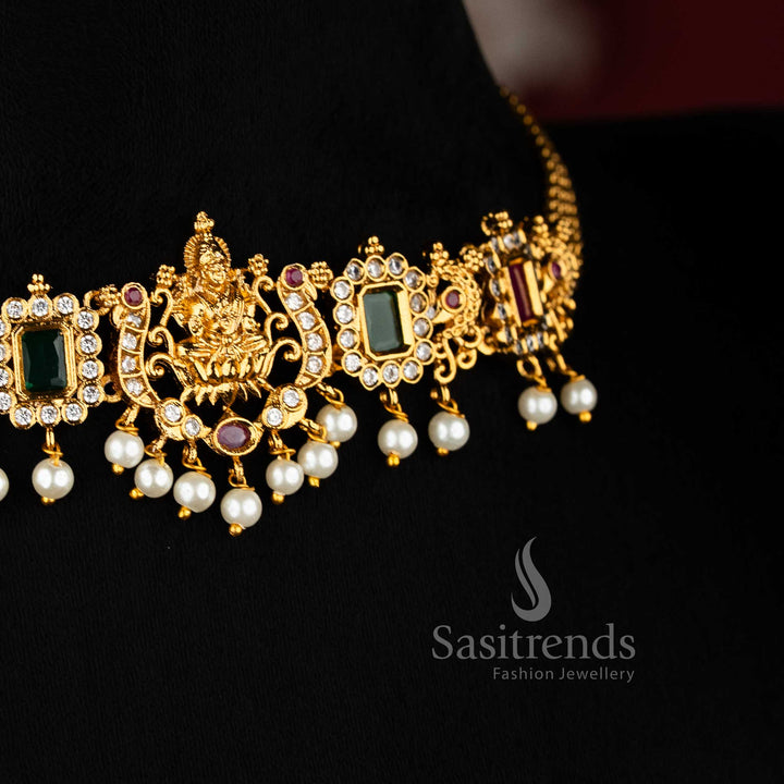 Traditional Temple Gold Plated Lakshmi Peacock Choker Pearl Necklace with AD Stones for Women - Sasitrends 