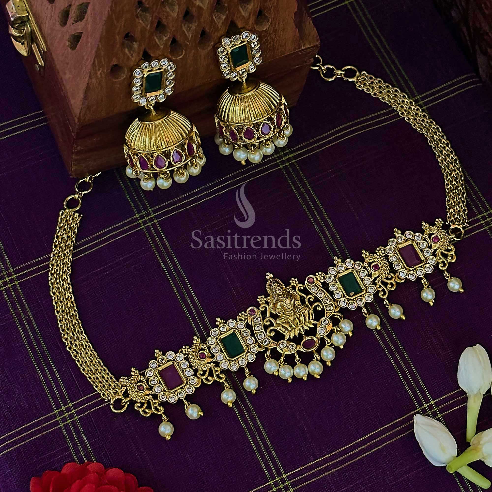 Traditional Temple Gold Plated Lakshmi Peacock Choker Pearl Necklace with AD Stones for Women - Sasitrends