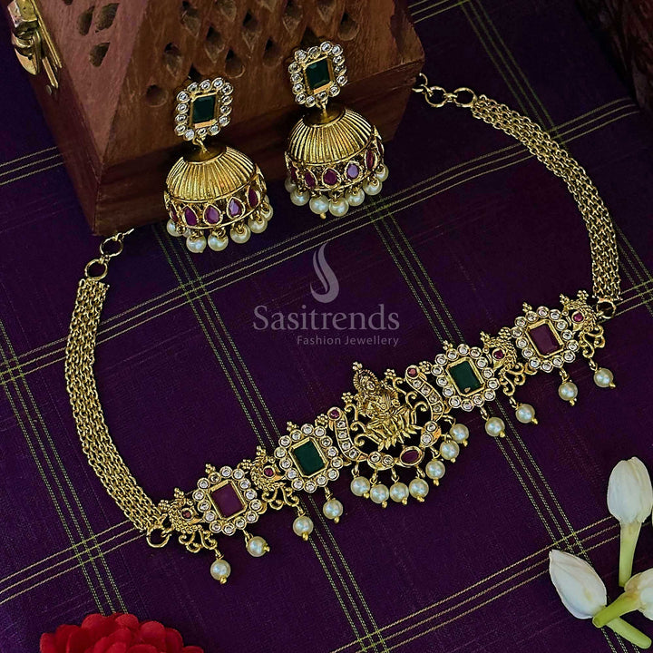 Traditional Temple Gold Plated Lakshmi Peacock Choker Pearl Necklace with AD Stones for Women - Sasitrends