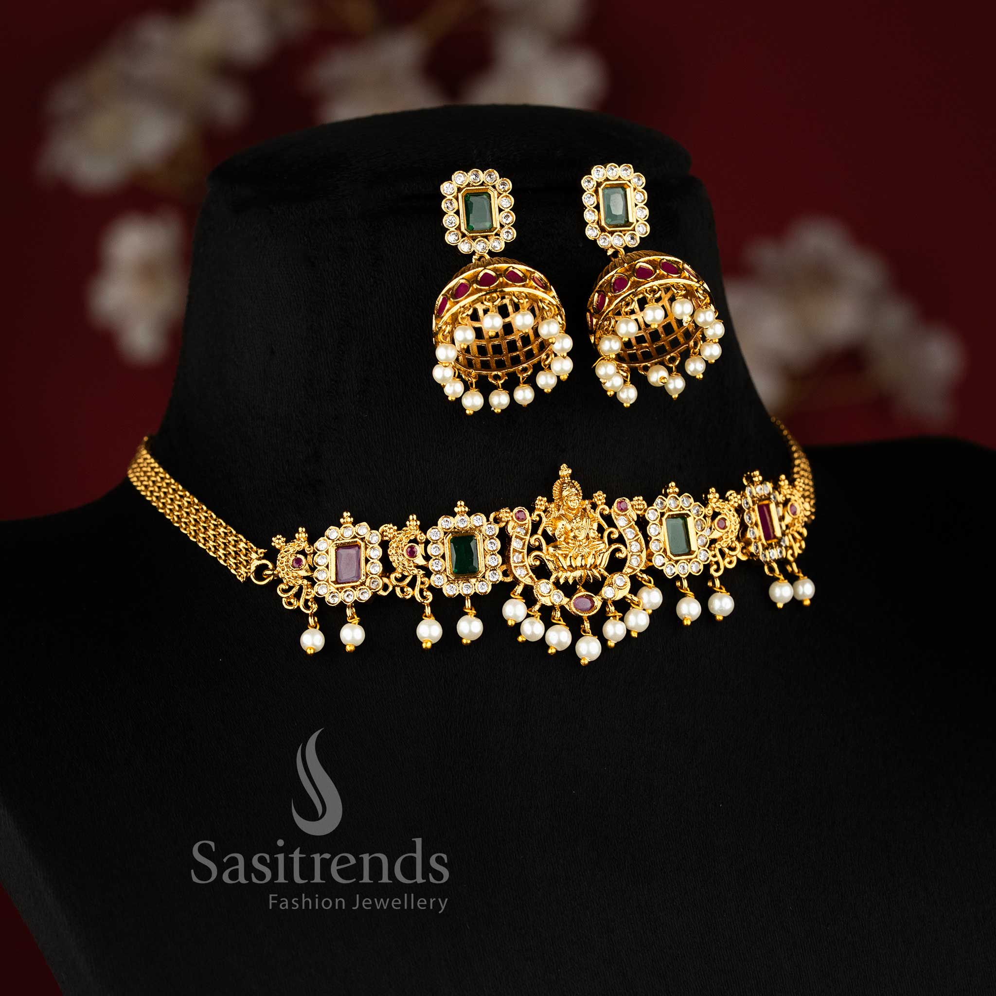 Traditional Temple Gold Plated Lakshmi Peacock Choker Pearl Necklace with AD Stones for Women - Sasitrends