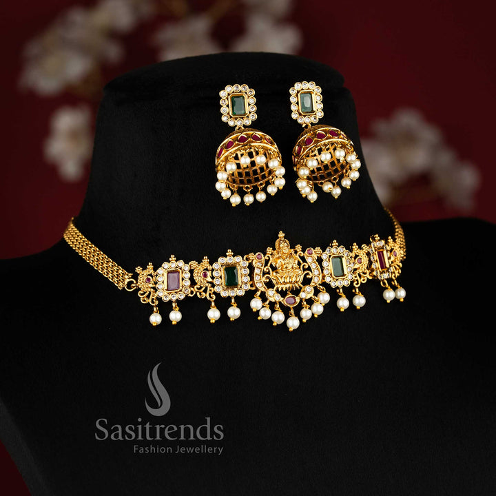 Gorgeous Traditional Temple Matte Gold Plated Lakshmi Peacock Choker Pearl Necklace Jewellery Set with Pearl Jhumkas and AD Stones | Sasitrends