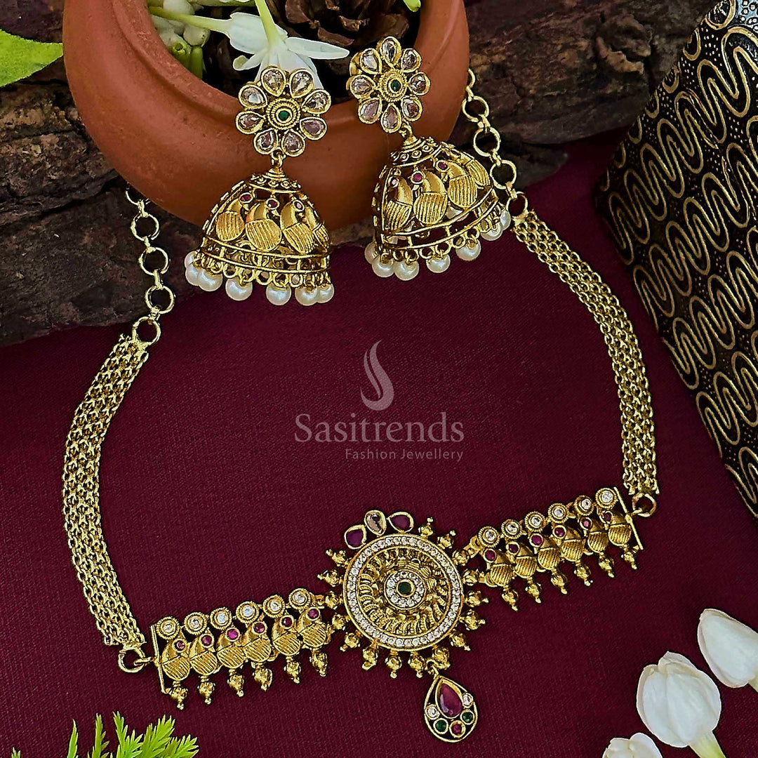 Temple gold plated floral AD peacock choker necklace with pearl jhumkas - Latest traditional jewelry for women - Sasitrends