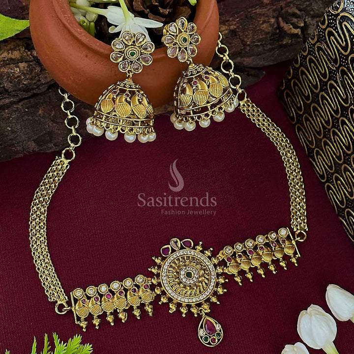 Trendy Temple Matte Gold Plated Floral Peacock Choker AD Jewellery Set | Sasitrends