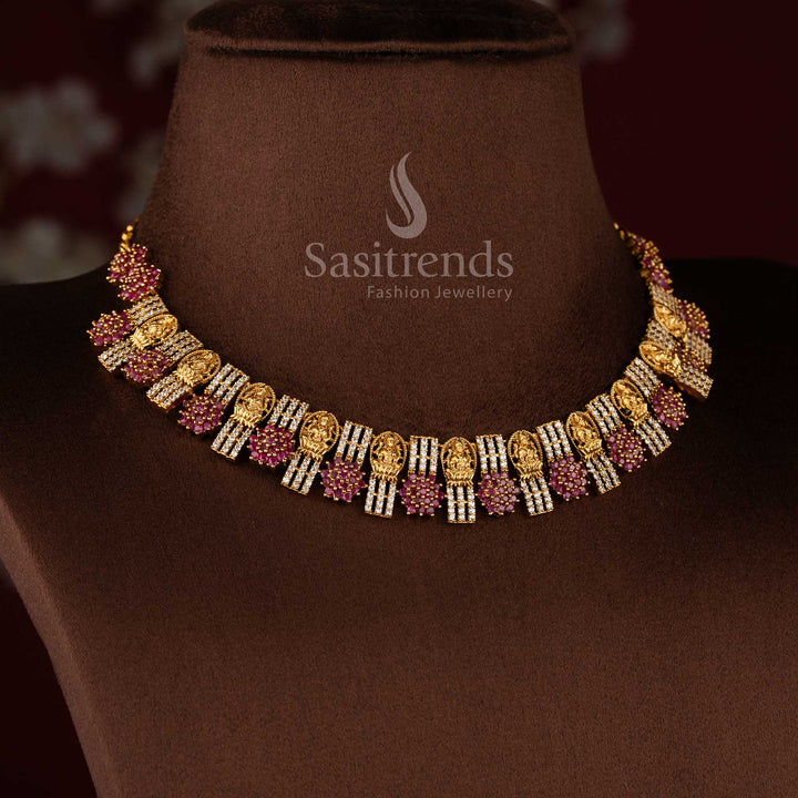 Elegant temple jewellery necklace crafted with Lakshmi motifs and sparkling floral AD stone design - Sasitrends