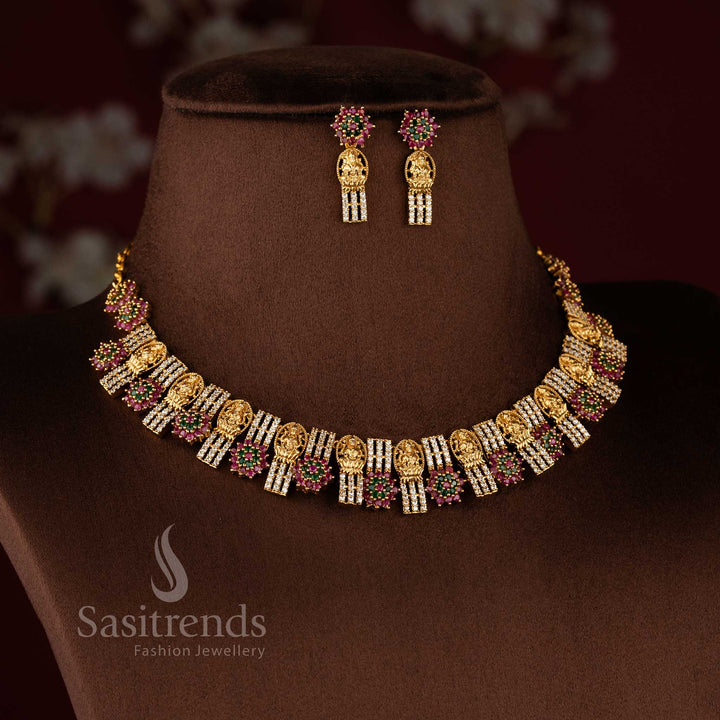 Festive wear Lakshmi necklace set designed with intricate floral motifs and American Diamond stones - Sasitrends