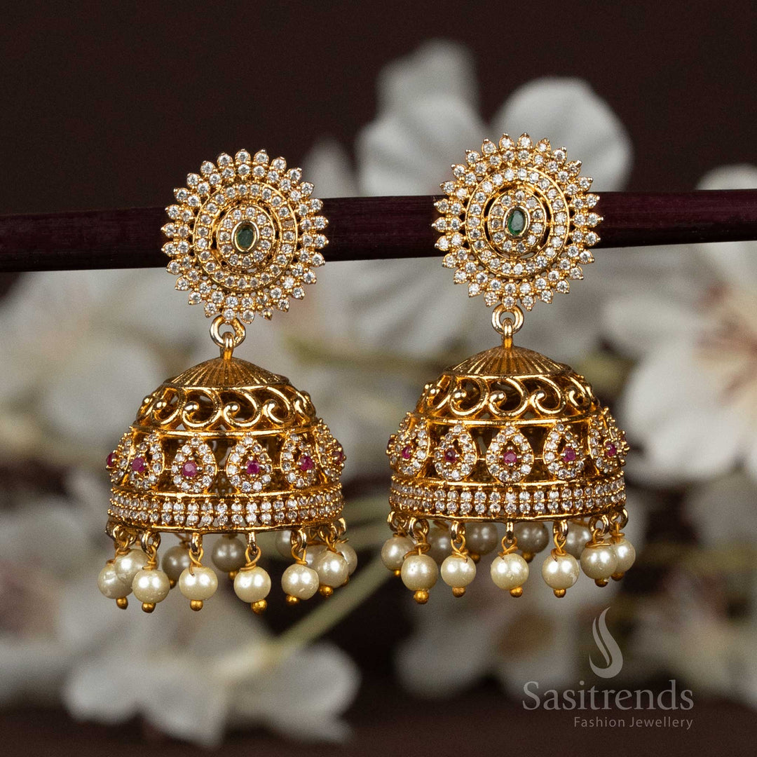 Matte Gold Plated AD Stone Jhumka Earrings: Timeless Elegance and Sparkling Charm - Sasitrends