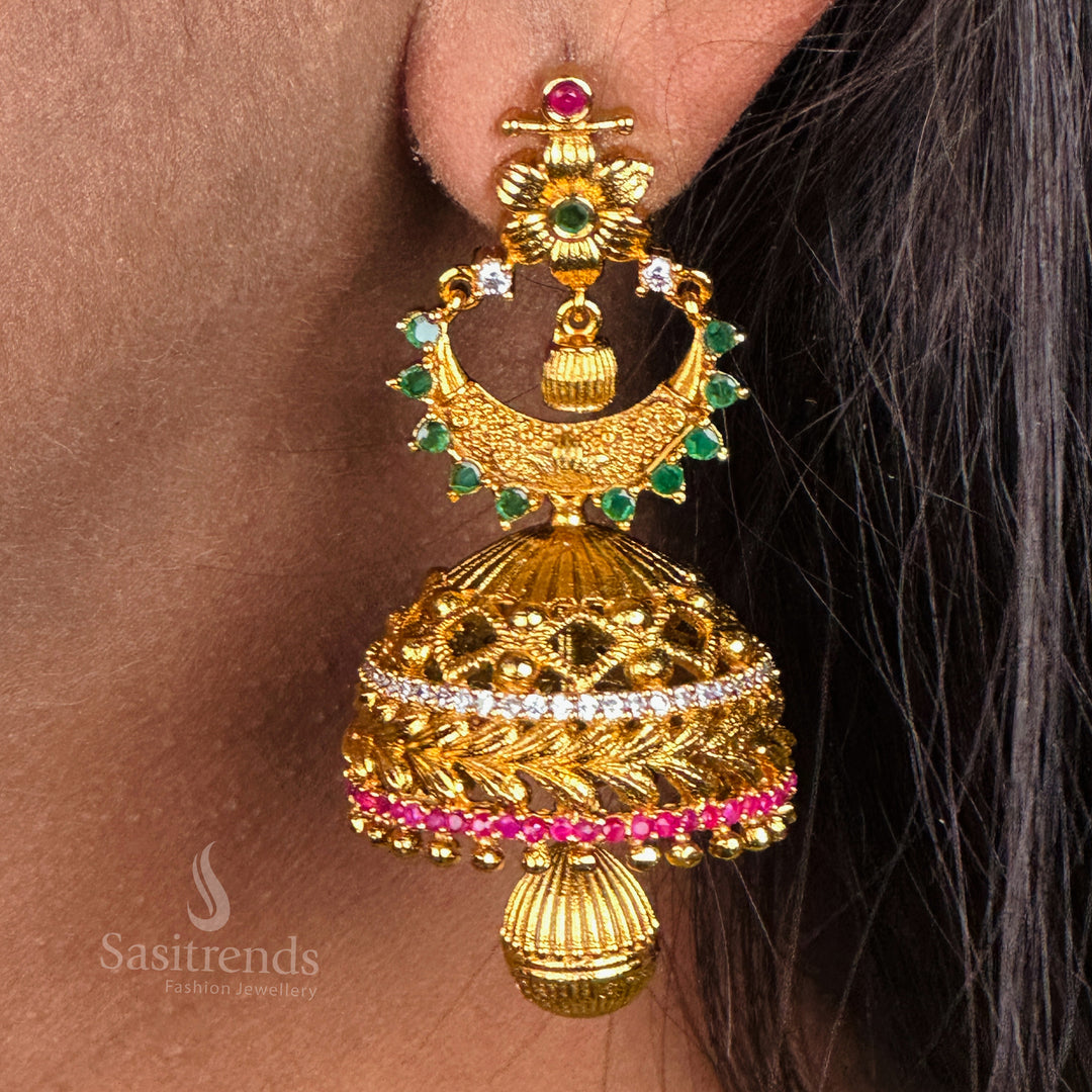 Designer temple half moon jhumka earrings featuring matte gold plating and radiant sparkle accents in refined traditional jewellery style - Sasitrends