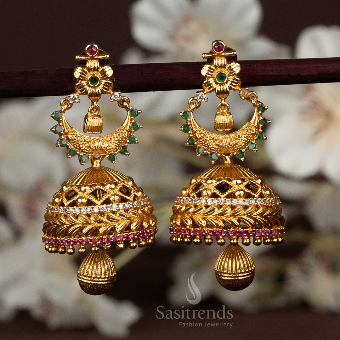 Designer temple half moon jhumka earrings featuring matte gold plating and radiant sparkle accents in refined traditional jewellery style - Sasitrends