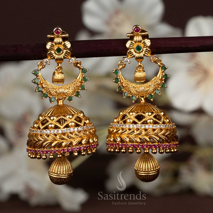 Ethereal Temple Matte Gold Plated Glow Half Moon Jhumkas Earrings Adorned with Sparkling AD Stones | Sasitrends