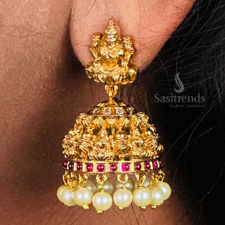 Exquisite Ethnic Pearl Embellished Multi-Face Lakshmi Temple Matte Gold Plated Jhumka Earrings | Sasitrends