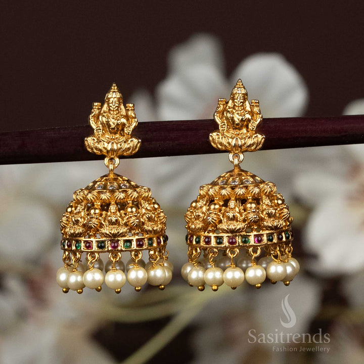 Exquisite Ethnic Pearl Embellished Multi-Face Lakshmi Temple Matte Gold Plated Jhumka Earrings | Sasitrends