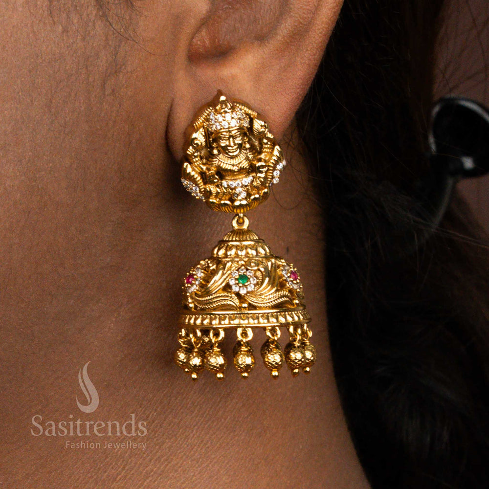Premium Matte Gold Plated Lakshmi Multi Ad Jhumka Bead Earrings , Temple Wear - Sasitrends 