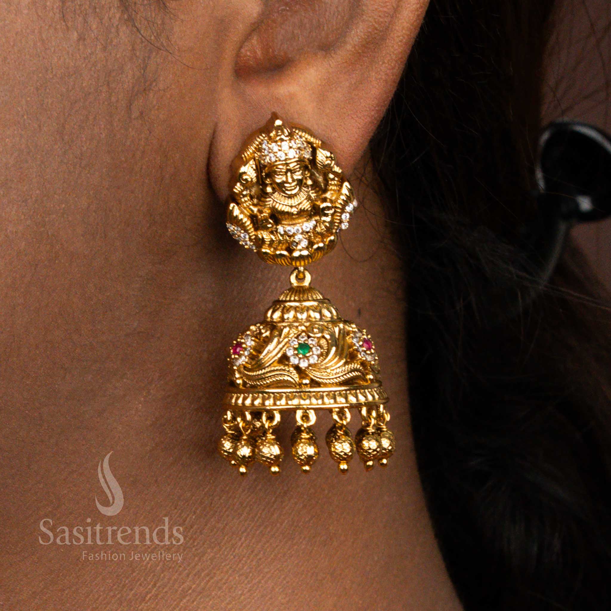 Premium Matte Gold Plated Lakshmi Multi Ad Jhumka Bead Earrings , Temple Wear - Sasitrends 