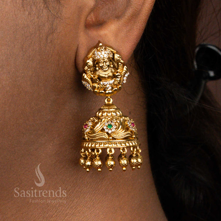Premium Matte Gold Plated Lakshmi Multi Ad Jhumka Bead Earrings , Temple Wear - Sasitrends 