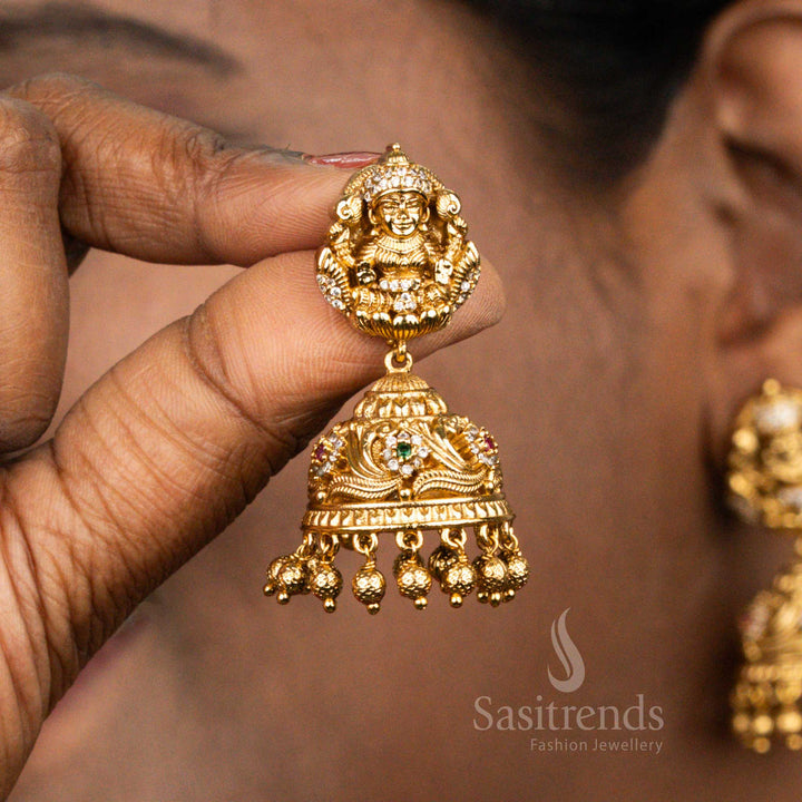 Premium Matte Gold Plated Lakshmi Multi Ad Jhumka Earrings Bridal Temple  - Sasitrends Wear